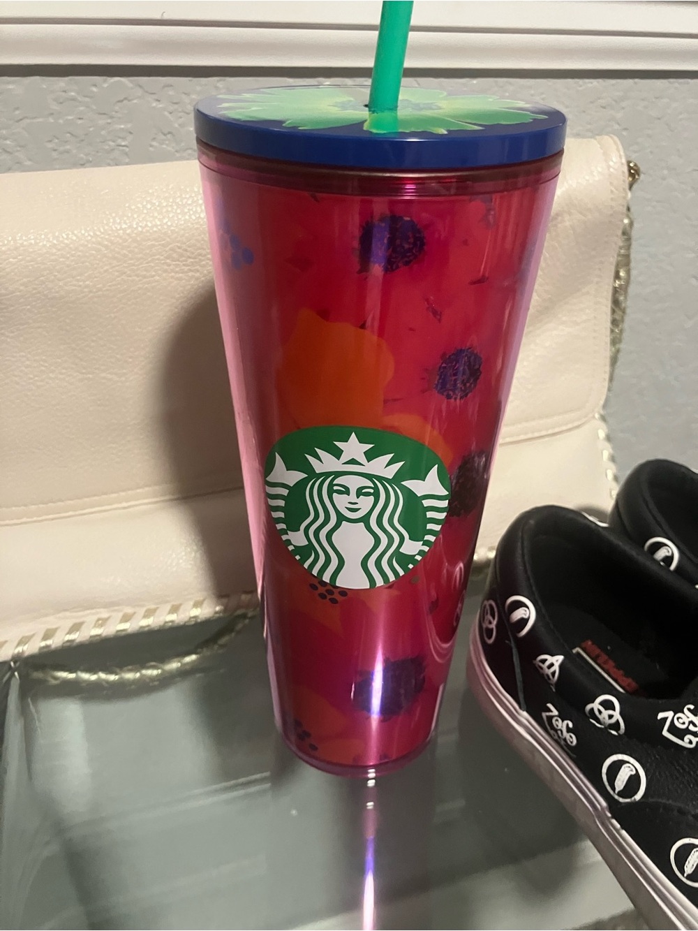 Starbucks Pink Reusable Tumbler with Green Logo and Blue Lid